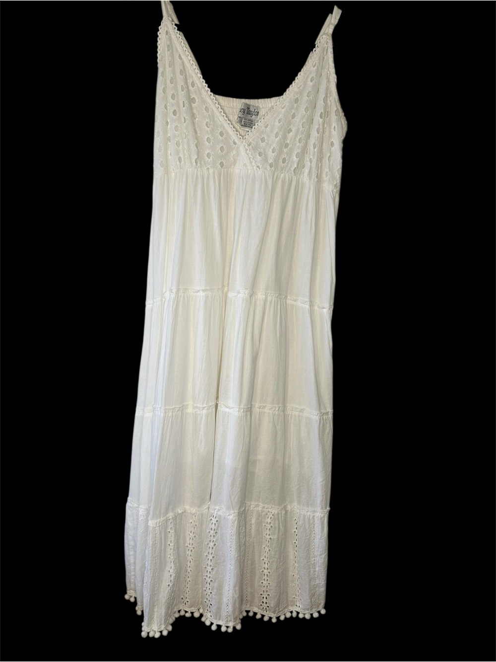 Ashley Taylor White Smocked tiered Cotton eyelet PomPom  Dress by beach boho. L